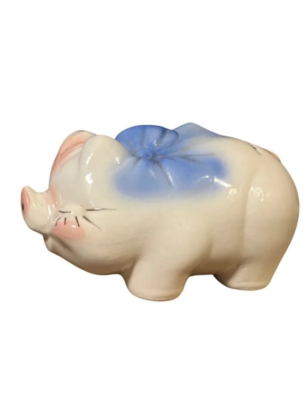 Vintage Ceramic Piggy Bank With Blue Bow and Pink Accents